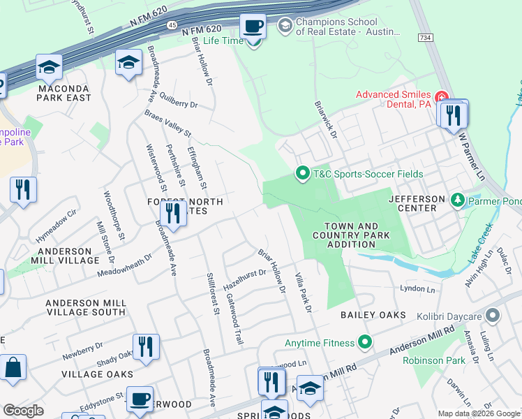 map of restaurants, bars, coffee shops, grocery stores, and more near 13328 Villa Park Drive in Austin
