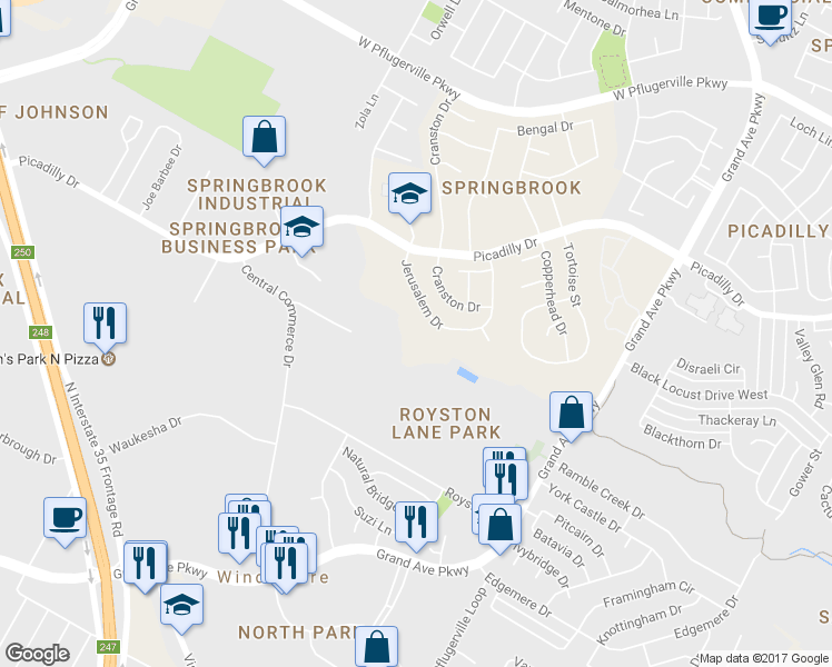 map of restaurants, bars, coffee shops, grocery stores, and more near 1725 Picadilly Drive in Round Rock