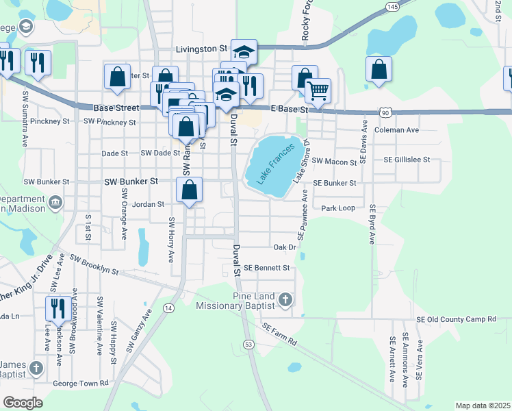 map of restaurants, bars, coffee shops, grocery stores, and more near 155 Madison Avenue in Madison