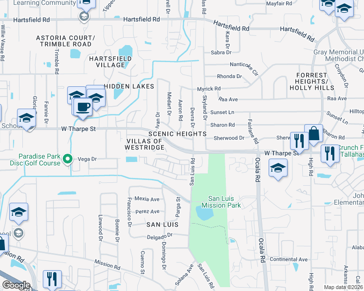 map of restaurants, bars, coffee shops, grocery stores, and more near 2101 Sandpiper Street in Tallahassee