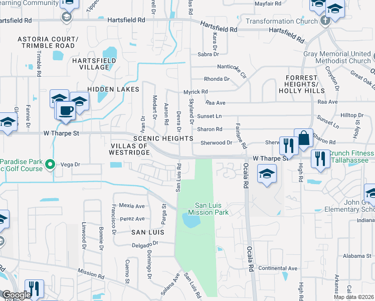 map of restaurants, bars, coffee shops, grocery stores, and more near 1573 San Luis Road in Tallahassee