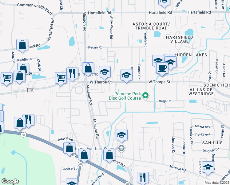 map of restaurants, bars, coffee shops, grocery stores, and more near 2908 Oakwood Drive in Tallahassee