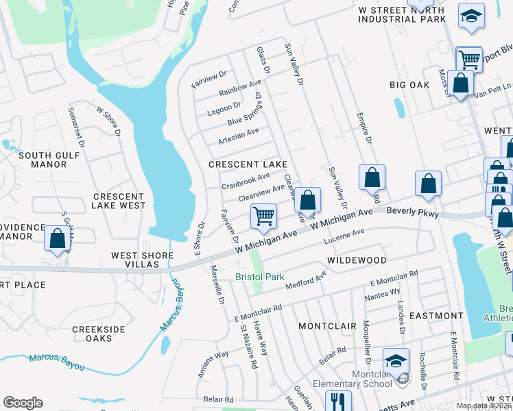 map of restaurants, bars, coffee shops, grocery stores, and more near 919 Crystal Springs Avenue in Pensacola