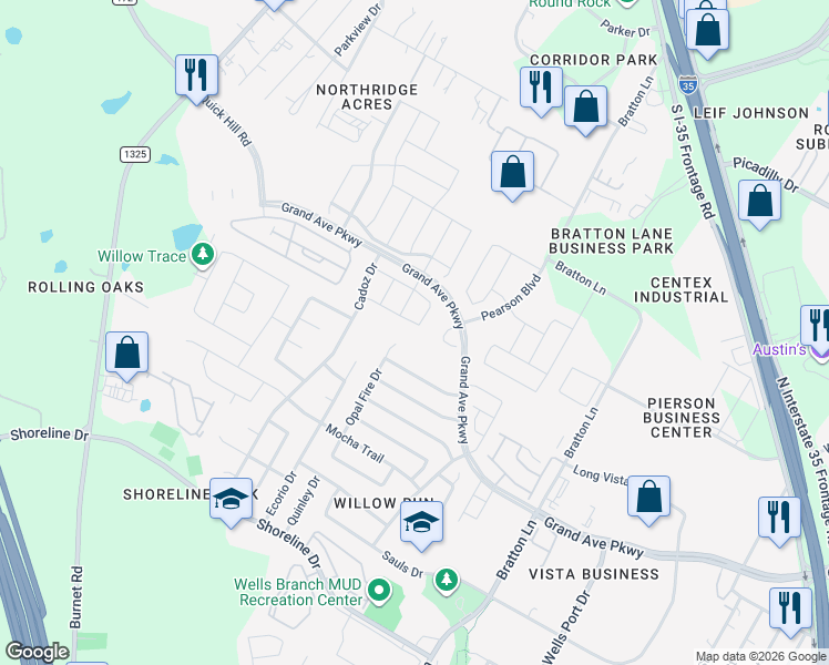 map of restaurants, bars, coffee shops, grocery stores, and more near 3400 Celosia Cove in Austin