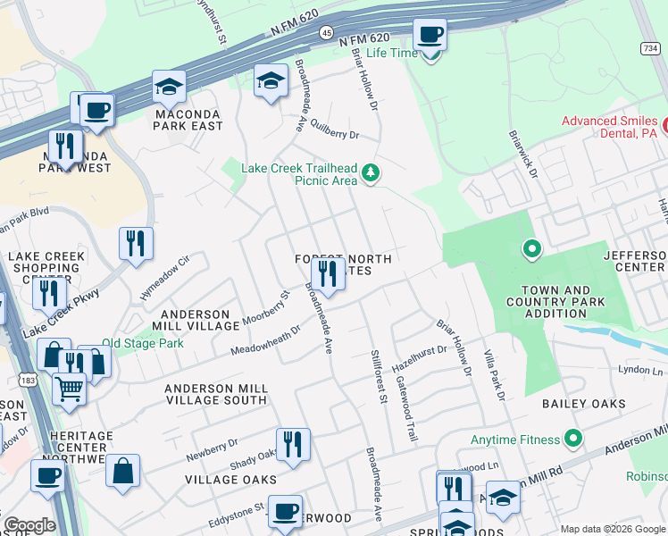 map of restaurants, bars, coffee shops, grocery stores, and more near 9501 Braeburn Glen in Austin