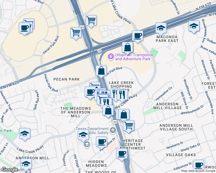 map of restaurants, bars, coffee shops, grocery stores, and more near 13805 Research Boulevard in Austin