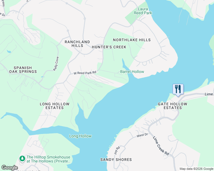 map of restaurants, bars, coffee shops, grocery stores, and more near 17745 West Reed Park Road in Jonestown