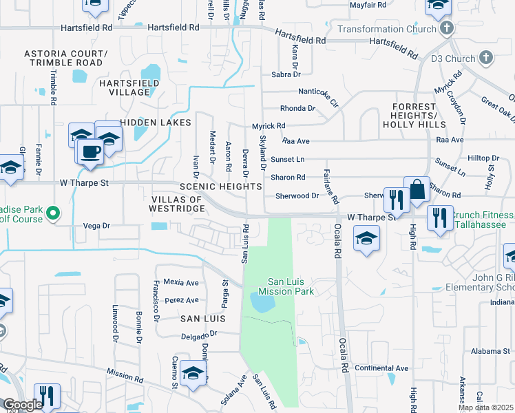 map of restaurants, bars, coffee shops, grocery stores, and more near 1573 San Luis Road in Tallahassee