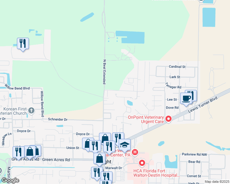 map of restaurants, bars, coffee shops, grocery stores, and more near 1916 Mistral Lane West in Fort Walton Beach