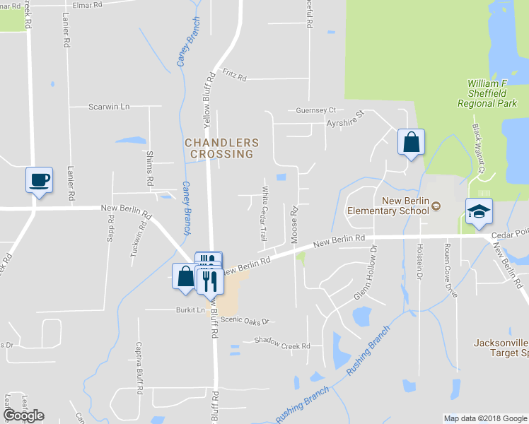 map of restaurants, bars, coffee shops, grocery stores, and more near 12600 White Cedar Trail in Jacksonville