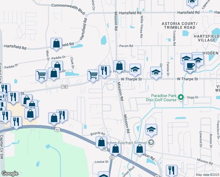 map of restaurants, bars, coffee shops, grocery stores, and more near 2681 Tess Circle in Tallahassee