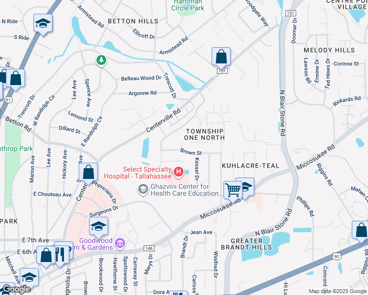 map of restaurants, bars, coffee shops, grocery stores, and more near 1525 Brown Court in Tallahassee