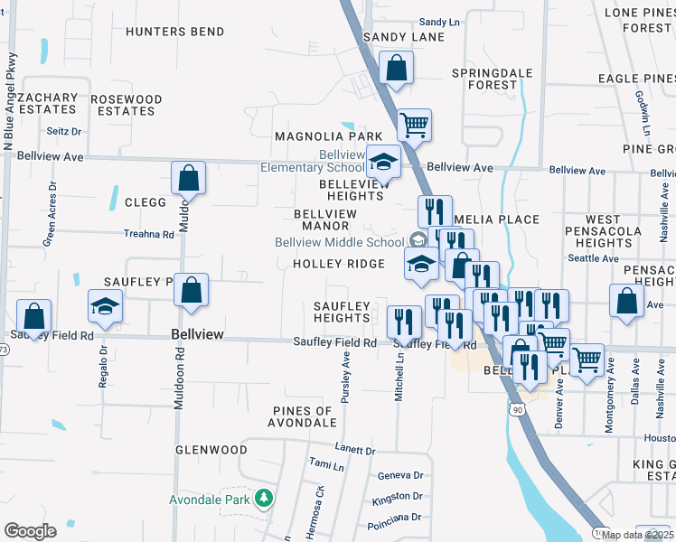 map of restaurants, bars, coffee shops, grocery stores, and more near 6123 Bradshaw Street in Pensacola