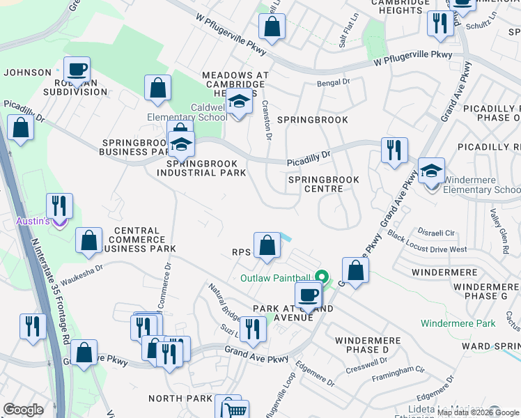 map of restaurants, bars, coffee shops, grocery stores, and more near 1725 Picadilly Drive in Round Rock