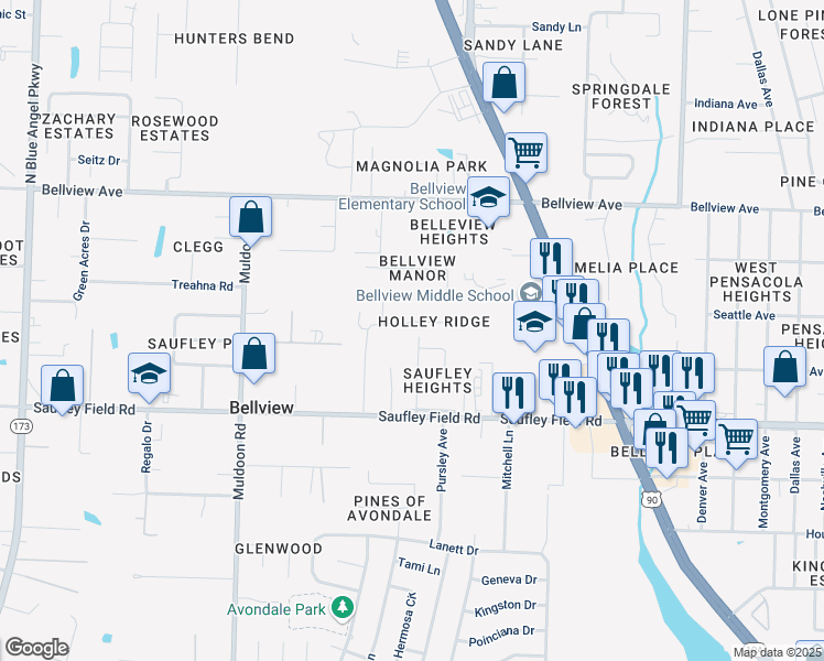 map of restaurants, bars, coffee shops, grocery stores, and more near 17 Parda Boulevard in Pensacola