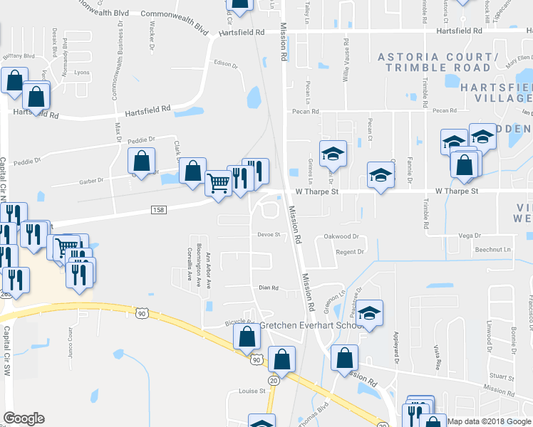 map of restaurants, bars, coffee shops, grocery stores, and more near 2673 Tess Circle in Tallahassee