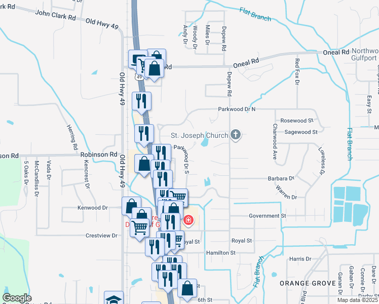 map of restaurants, bars, coffee shops, grocery stores, and more near 15393 Pinewood Court in Gulfport