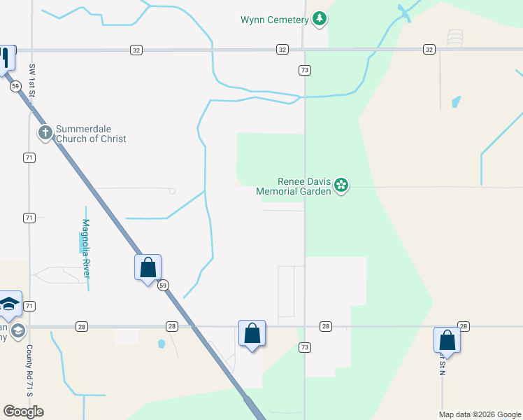 map of restaurants, bars, coffee shops, grocery stores, and more near 16421 County Road 73 in Summerdale