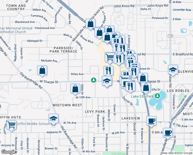 map of restaurants, bars, coffee shops, grocery stores, and more near 612 West Tharpe Street in Tallahassee