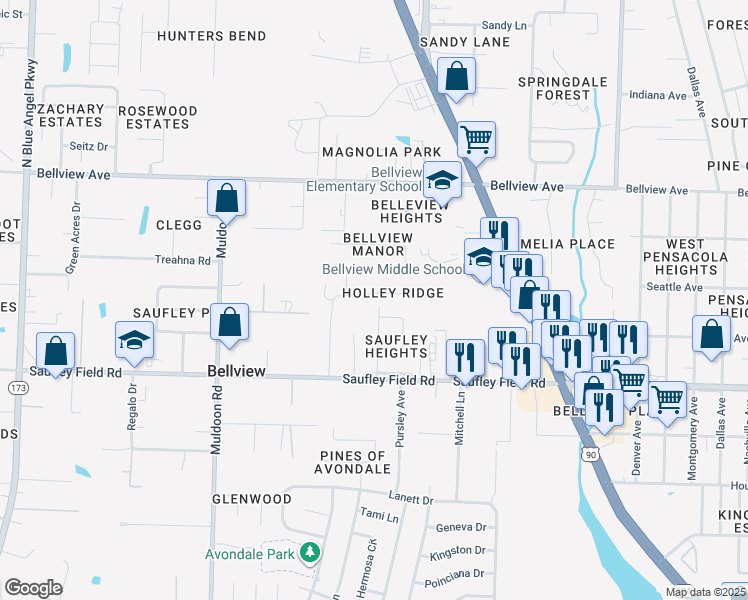 map of restaurants, bars, coffee shops, grocery stores, and more near 17 Parda Boulevard in Pensacola