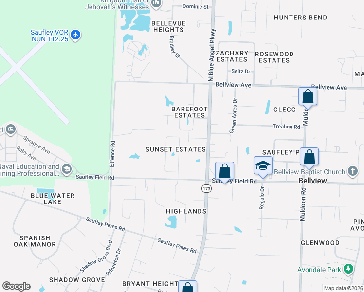 map of restaurants, bars, coffee shops, grocery stores, and more near 6057 Suntan Circle in Bellview