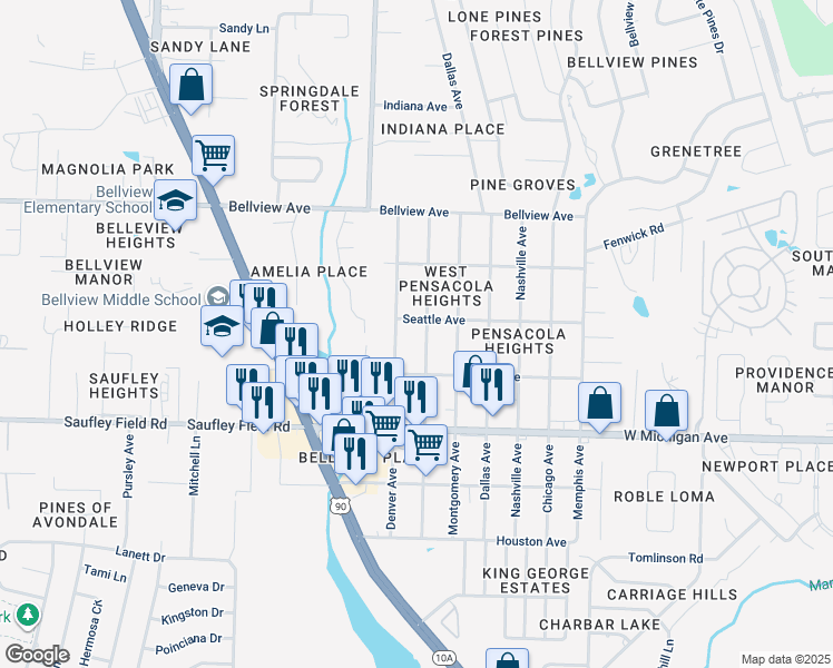 map of restaurants, bars, coffee shops, grocery stores, and more near 6119 Louisville Avenue in Pensacola