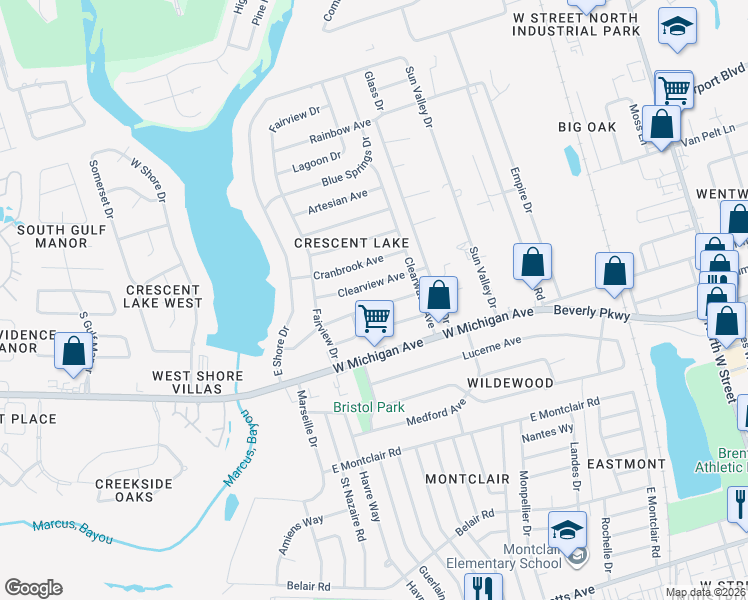 map of restaurants, bars, coffee shops, grocery stores, and more near 919 Crystal Springs Avenue in Pensacola