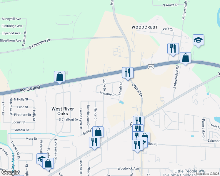 map of restaurants, bars, coffee shops, grocery stores, and more near 15733 Marjorie Drive in Baton Rouge