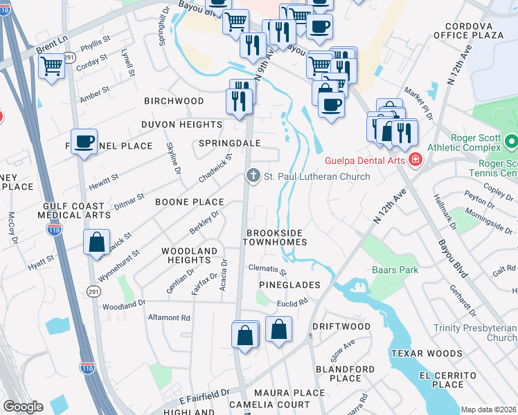 map of restaurants, bars, coffee shops, grocery stores, and more near 21 Hillbrook Way in Pensacola