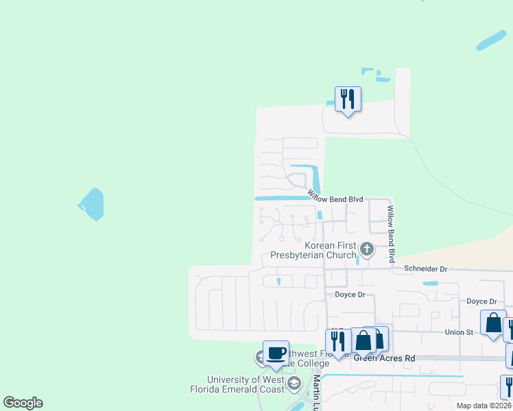 map of restaurants, bars, coffee shops, grocery stores, and more near 2102 Wilderness Path in Fort Walton Beach