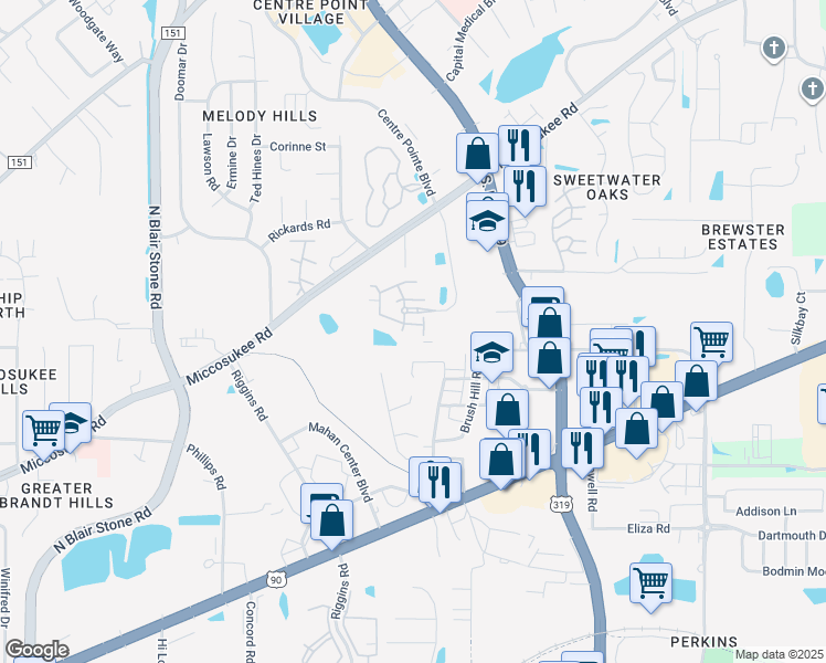 map of restaurants, bars, coffee shops, grocery stores, and more near 1800 Miccosukee Commons Drive in Tallahassee
