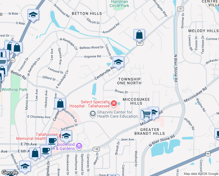 map of restaurants, bars, coffee shops, grocery stores, and more near 1545 Goodwood Drive in Tallahassee
