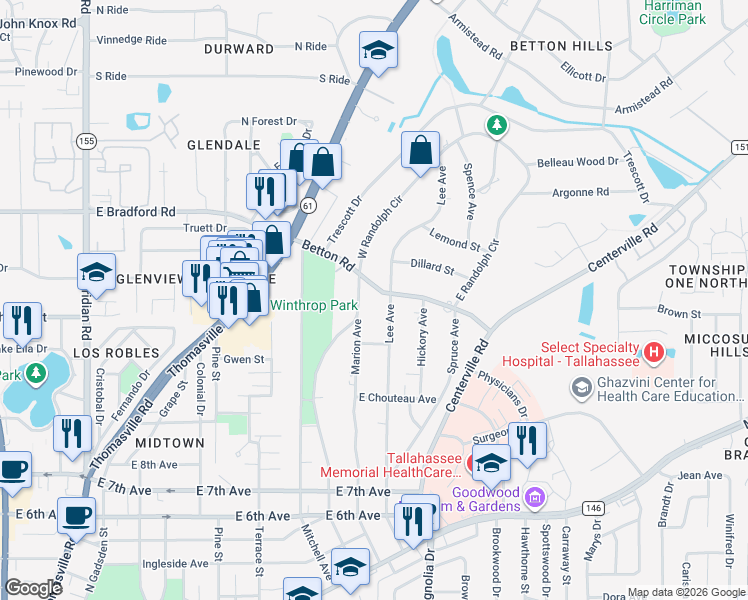 map of restaurants, bars, coffee shops, grocery stores, and more near 1596 Marion Avenue in Tallahassee
