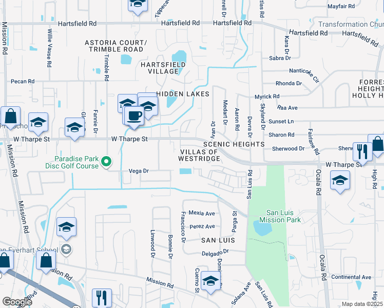 map of restaurants, bars, coffee shops, grocery stores, and more near 2331 Sandpiper Street in Tallahassee
