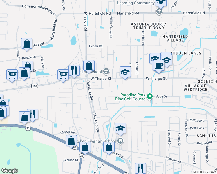 map of restaurants, bars, coffee shops, grocery stores, and more near 1827 Seay Court in Tallahassee