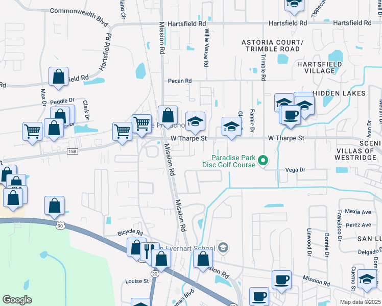 map of restaurants, bars, coffee shops, grocery stores, and more near 2749 West Tharpe Street in Tallahassee