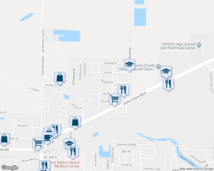 map of restaurants, bars, coffee shops, grocery stores, and more near 1197 Forest Heights Road in Fort Walton Beach