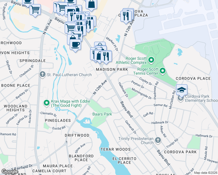 map of restaurants, bars, coffee shops, grocery stores, and more near 4089 Bayou Boulevard in Pensacola