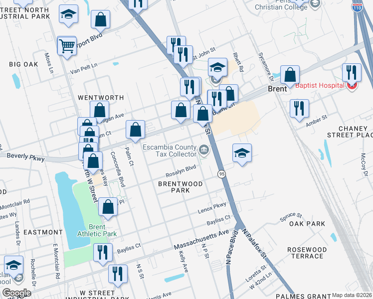 map of restaurants, bars, coffee shops, grocery stores, and more near 114 Carolyn Way in Pensacola