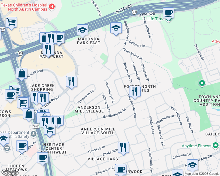 map of restaurants, bars, coffee shops, grocery stores, and more near 9624 Braeburn Glen Street in Austin
