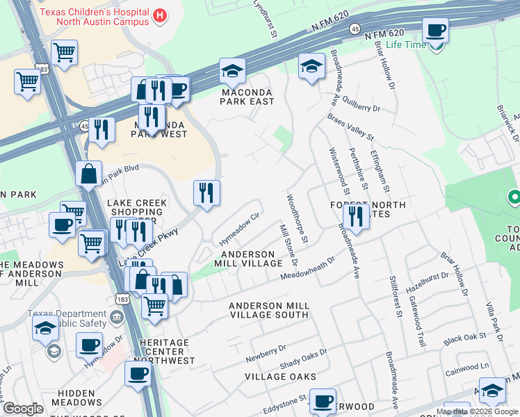 map of restaurants, bars, coffee shops, grocery stores, and more near 13304 Hymeadow Circle in Austin