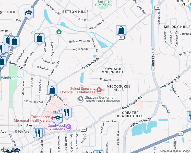 map of restaurants, bars, coffee shops, grocery stores, and more near 1545 Goodwood Drive in Tallahassee