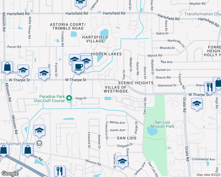 map of restaurants, bars, coffee shops, grocery stores, and more near 2331 Sandpiper Street in Tallahassee