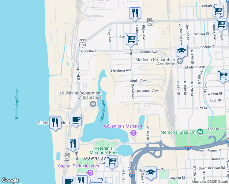 map of restaurants, bars, coffee shops, grocery stores, and more near 1900 Ted Dunham Avenue in Baton Rouge