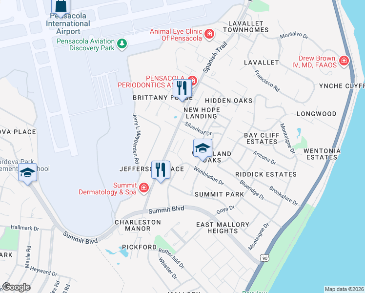 map of restaurants, bars, coffee shops, grocery stores, and more near 3400 Wimbledon Drive in Pensacola