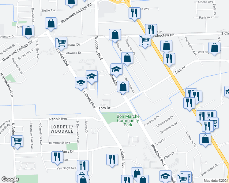 map of restaurants, bars, coffee shops, grocery stores, and more near 7290 Exchange Place in Baton Rouge