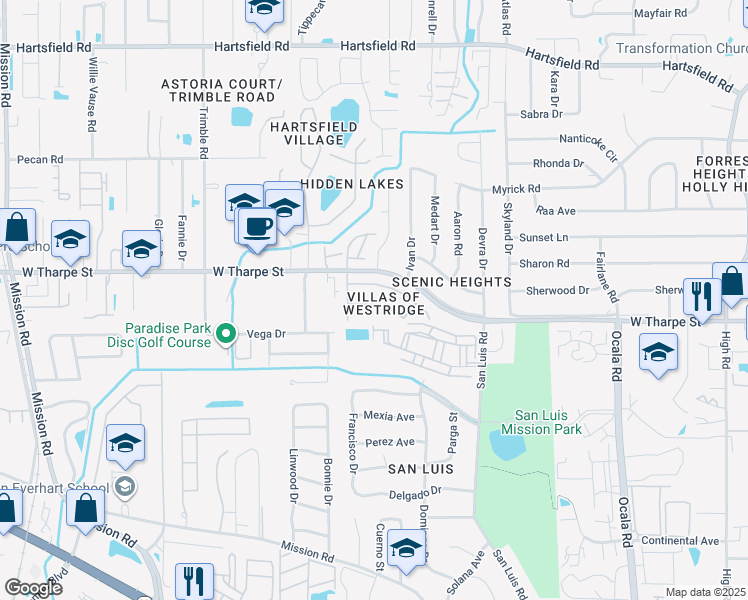 map of restaurants, bars, coffee shops, grocery stores, and more near 2325 Parrot Lane in Tallahassee