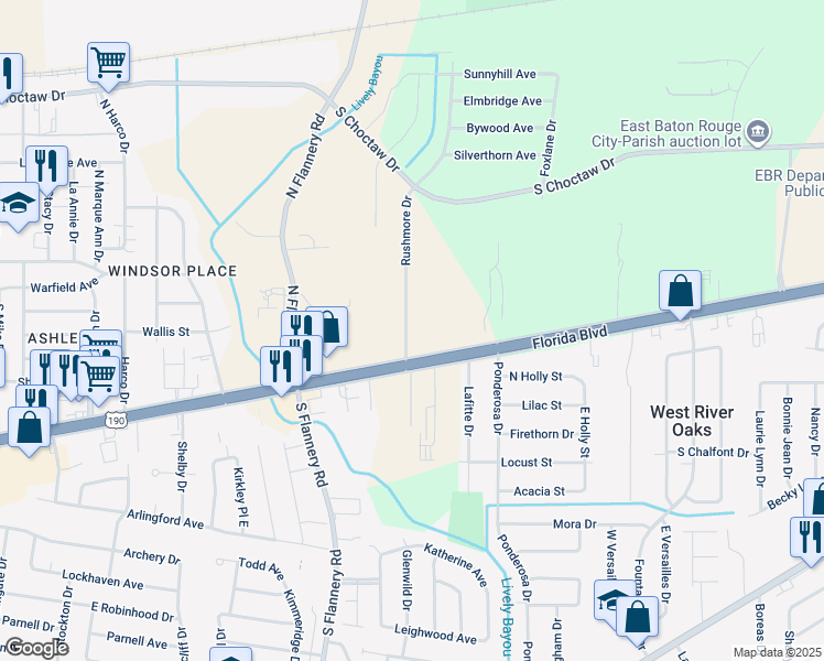map of restaurants, bars, coffee shops, grocery stores, and more near 212 Rushmore Drive in Baton Rouge