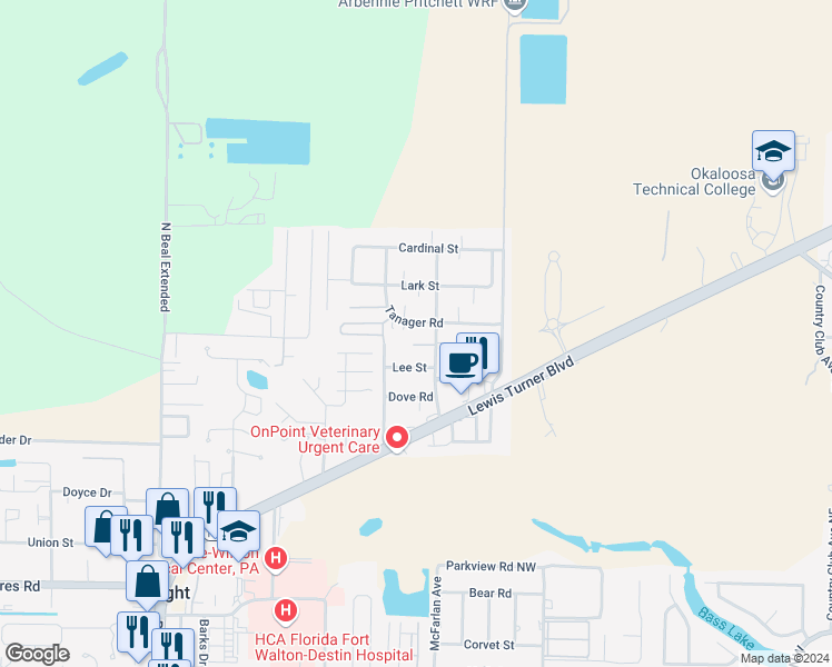 map of restaurants, bars, coffee shops, grocery stores, and more near 824 Tanager Road in Fort Walton Beach