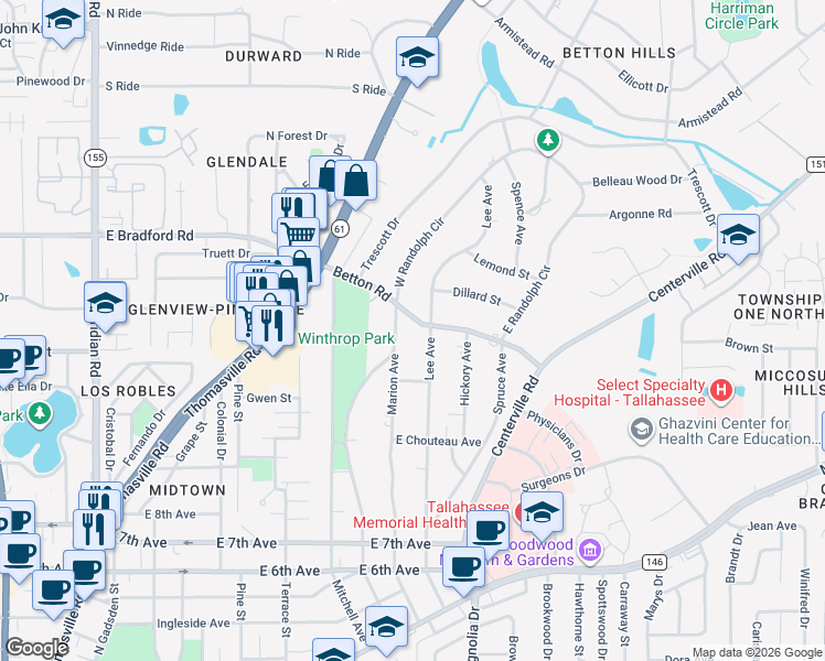 map of restaurants, bars, coffee shops, grocery stores, and more near 1596 Marion Avenue in Tallahassee